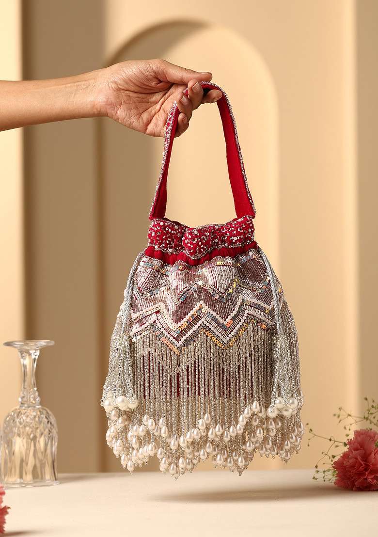 Red Bead And Pearl Work Potli Bag - Indya