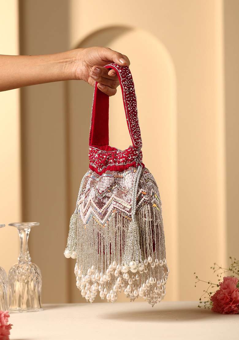 Red Bead And Pearl Work Potli Bag - Indya