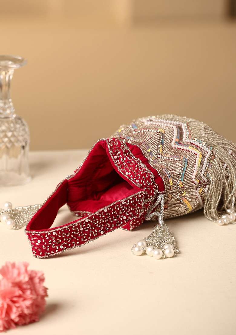Red Bead And Pearl Work Potli Bag - Indya