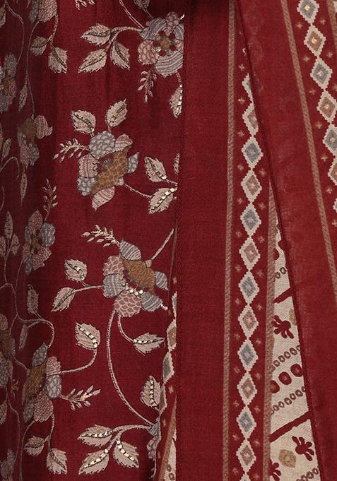Miracolos By Ruchi's Maroon Chanderi Cold Shoulder Kurta and Pant - Rent main image 0