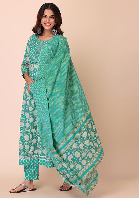 Women Sea Green Printed Pure Cotton Anarkali Kurta Sets With Dupatta
