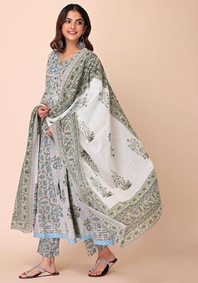 Grey Cotton Anarkali Kurta With Pants And Dupatta (Set of 3)