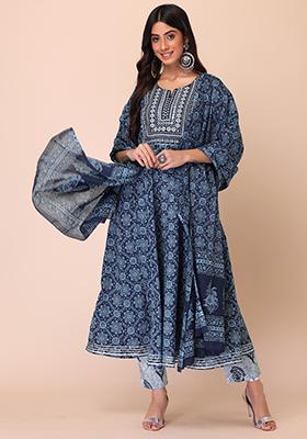 Dark Blue Cotton Anarkali Kurta With Pants And Dupatta (Set of 3)