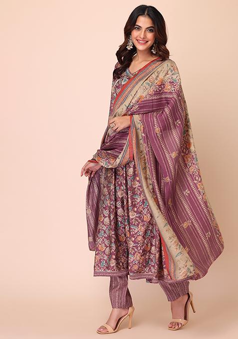 Purple Printed Angrakha Style Kurta With Purple Solid Palazzo & Dupatta