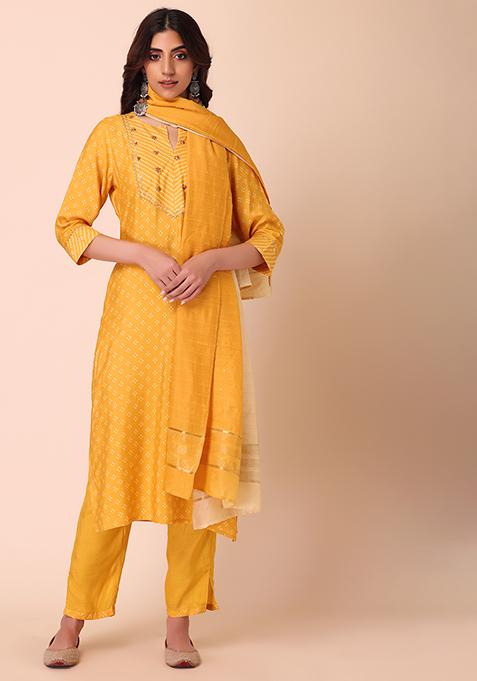 Yellow Sequin Embroidered Muslin Kurta With Pants And Dupatta (Set of 3)