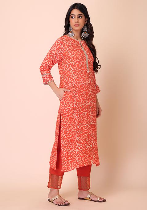 Light  Orange Kurta Set With Pants & Green Contrasting Dupatta