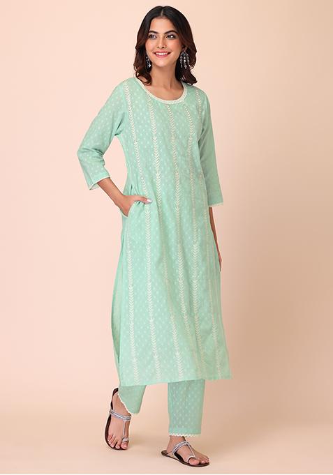 Women Dark Green Cotton Dobby Kurta