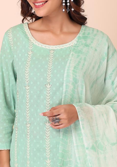 Buy Women Pastel Green Cotton Dobby Kurta With Pants And Dupatta (Set ...