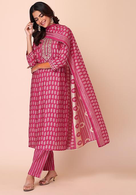 Pink Printed Muslin Kurta Set