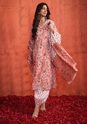 Peach Floral Print Cotton Kurta With Harem Pants (Set of 3)