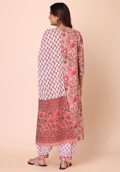 Women'S Peach Floral Print Cotton Straight Kurta