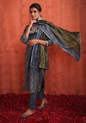 Blue Printed Muslin Kurta With Pants And Dupatta (Set of 3) 