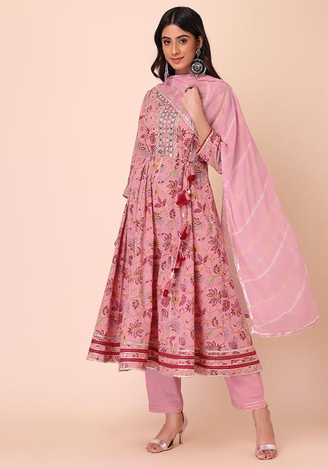 Pink Hand Block Cotton Anarkali Kurta Pant With Dupatta