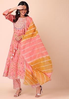 Peach Floral Print Cotton Anarkali With Pants And Chiffon Dupatta (Set of 3) 
