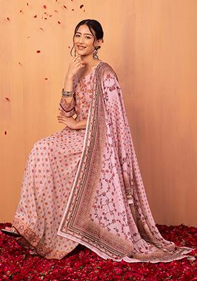 Pink Floral Print Mulmul Anarkali Kurta With Pants And Dupatta (Set of 3)