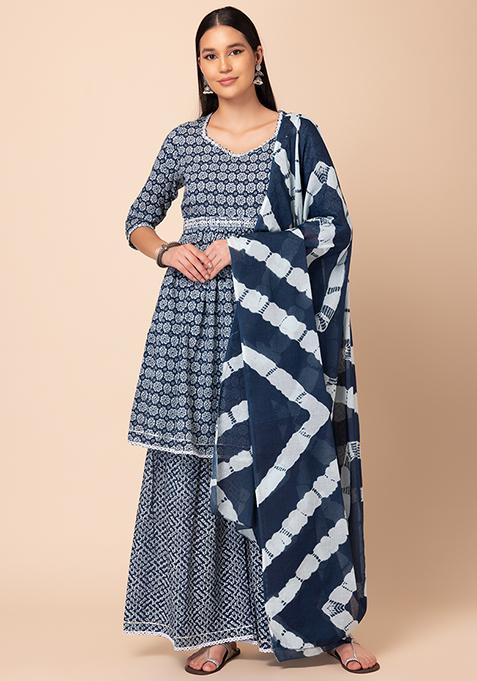 Women'S Indigo Kurta Set With Palazzo And Dupatta