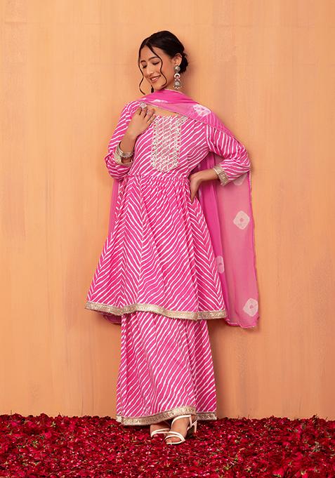 Pink Leheriya Print Cotton Sharara Pants With Kurta And Chiffon Dupatta (Set of 3)