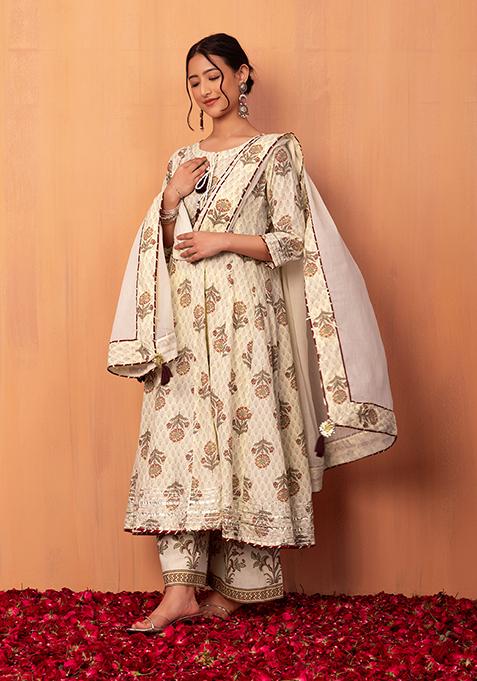 Ivory Floral Print Cotton Anarkali Kurta With Pants And Dupatta (Set of 3)