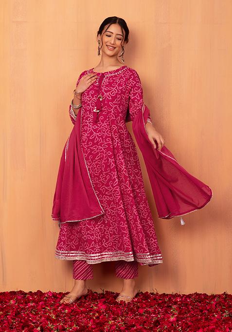 Pink Bandhani Print Cotton Anarkali Kurta With Pants And Dupatta (Set of 3)