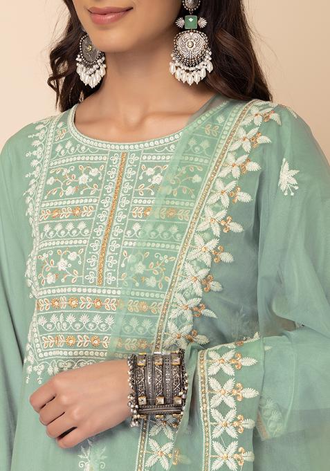 Buy Women Pastel Green Embroidered Kurta With Pants And Organza Dupatta ...