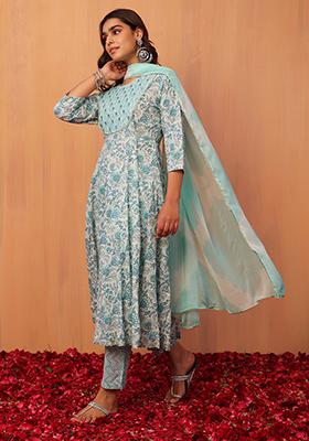 Buy Women Ivory Floral Jaal Print Anarkali Kurta With Pants And Dupatta ...