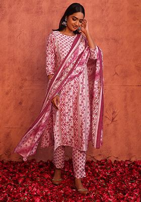 Pastel Pink Floral Boota Print Cotton Anarkali Kurta With Pants And Dupatta (Set of 3)