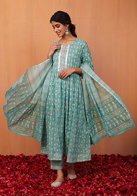 Light Blue Floral Boota Print Cotton Anarkali Kurta With Pants And Dupatta (Set of 3)
