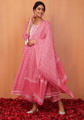 Orange Bandhani Print Cotton Anarkali Kurta With Pants And Dupatta (Set of 3)