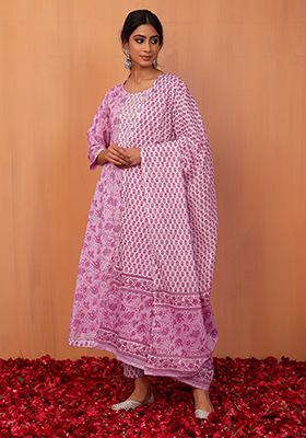 Lavender Floral Jaal Print Cotton Anarkali Kurta With Pants And Dupatta (Set of 3)