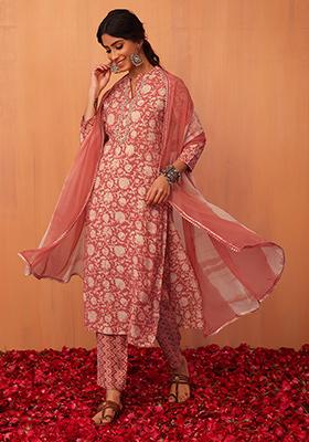 Orange Floral Jaal Print Cotton Straight Kurta With Pants And Dupatta (Set of 3)