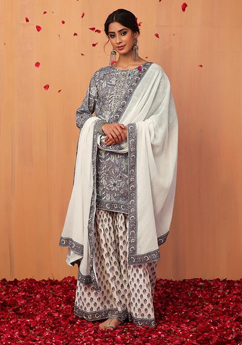 Grey Floral Jaal Print Cotton Kurta With Sharara And Dupatta (Set of 3)
