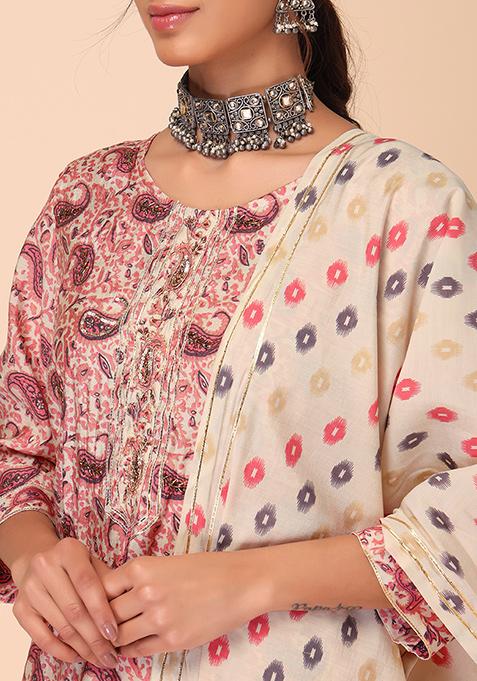 Mustard Thread Embroidered Paisley Pure Cotton Straight Kurta With Trousers and Dupatta Set