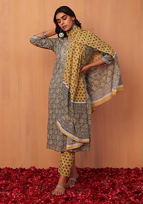Grey Floral Jaal Print Cotton Straight Kurta With Pants And Dupatta (Set of 3)