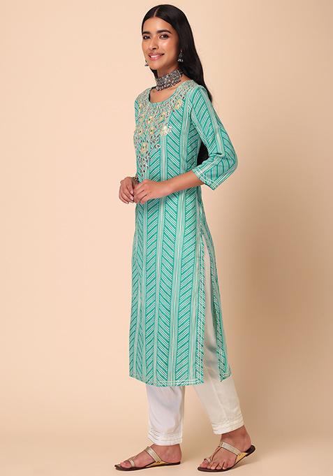 Blue Bandhani Print Kurta Pant Dupatta Set with Mirror & Pearl Embroidery main image 0