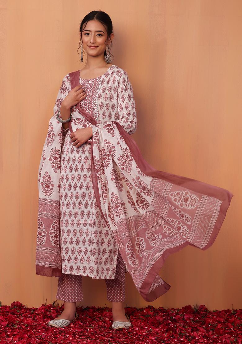 Blue Silk chanderi straight kurta set with allover pink contrast silk   Kora India