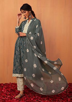 Grey Ikat Print Cotton Anarkali Kurta With Sharara And Dupatta (Set of 3)