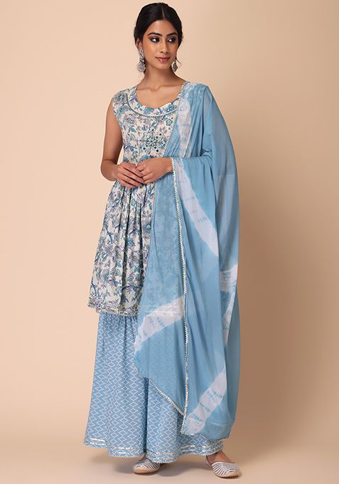 Buy Women Light Blue Floral Jaal Print Short Kurta With Sharara And ...