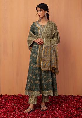 Teal Blue Floral Print Cotton Anarkali Kurta With Pants And Dupatta (Set of 3)