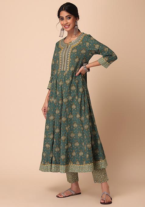Mauve & White Floral Printed Cotton Anarkali Kurta Set with Trousers & Dupatta main image 1