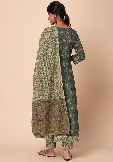 Teal Green Anarkali Printed Kurta, Tights And Dupatta Set
