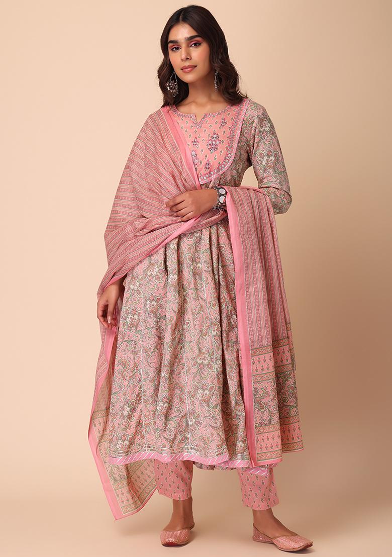 Pink Floral HandBlock Printed Cotton Anarkali Kurta, trouser with Dupatta Set