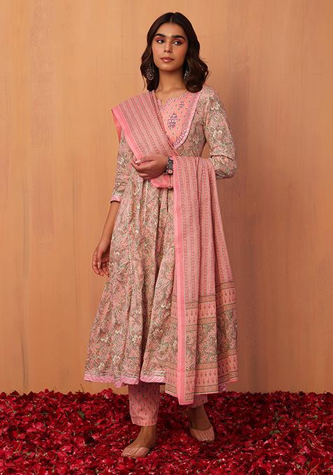 Pastel Pink Floral Jaal Print Cotton Anarkali Kurta With Pants And Dupatta (Set of 3)