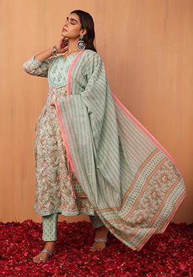 Light Green Floral Print Cotton Anarkali Kurta With Pants And Dupatta (Set of 3)