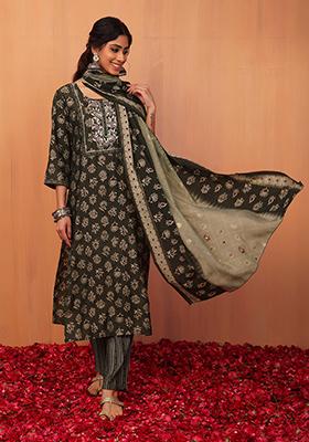 Green Printed Muslin Kurta With Pants And Dupatta (Set of 3)