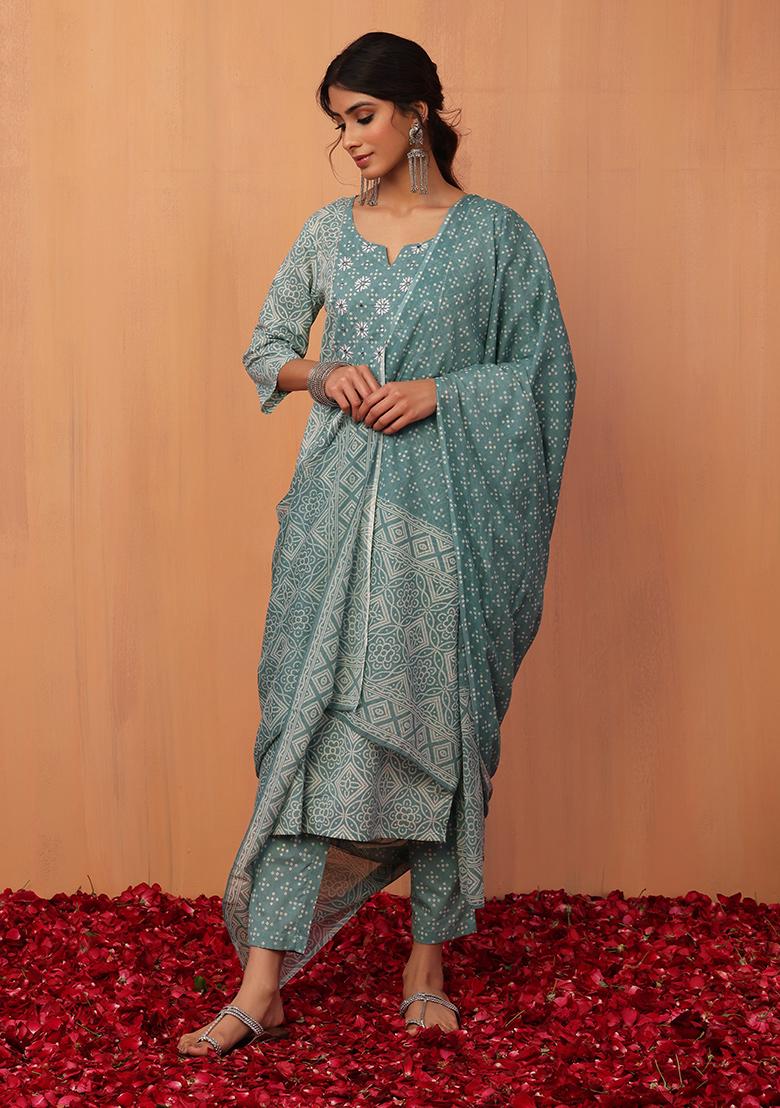 Buy Label Kinjal Modi Green Cotton Silk Bandhani Print Kurta And Pant Set  Online  Aza Fashions