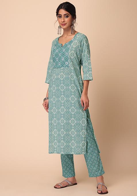 Womens Sky Blue Cotton Bandhani Printed & Embroidery Kurta Set With Dupatta
