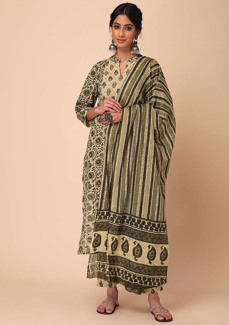Beige Solid Cotton Blend Straight Kurta Set With Dupatta