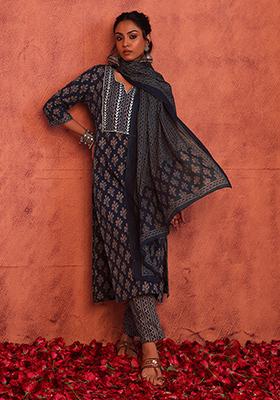 Navy Blue Boota Print Cotton Kurta With Pants And Dupatta (Set of 3)