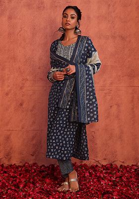 Navy Blue Boota Print Muslin Kurta With Pants And Dupatta (Set of 3)