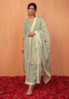 White Boota Print Cotton Kurta With Pants And Dupatta (Set of 3)